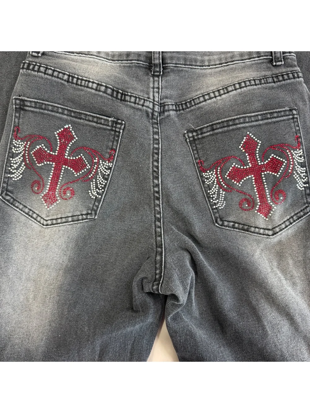 Romwe Medium Gray Embroidered Bootcut Jeans with Rhinestone Detail
